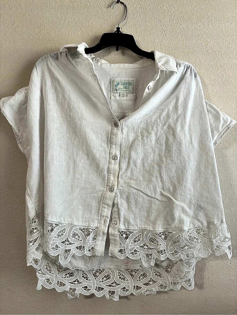 American Eagle White Lace Trim Button Down Linen Blend Top Hem Blouse Medium